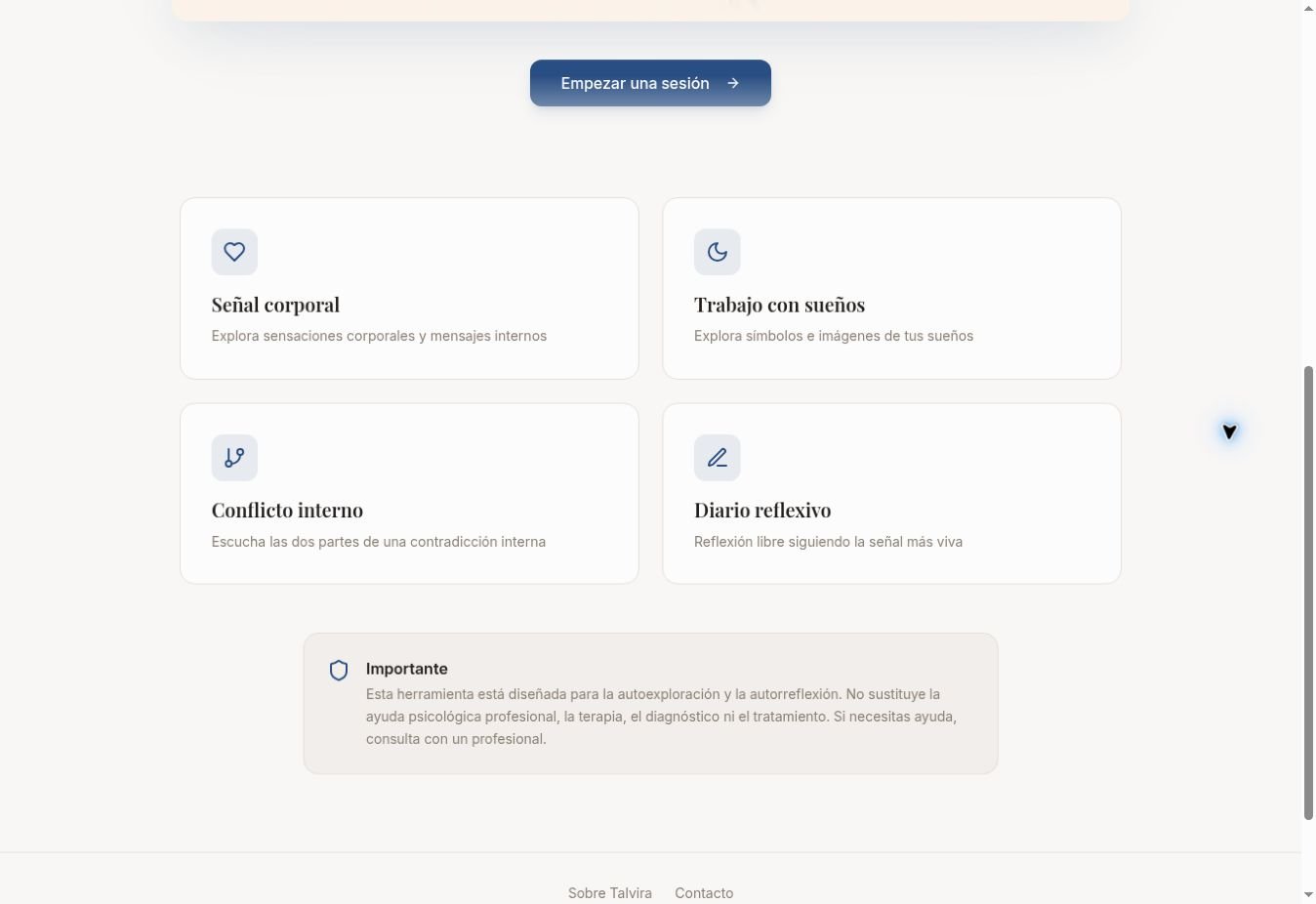 Pantalla de Talvira con los modos Señal corporal, Trabajo con sueños, Conflicto interno y Diario reflexivo